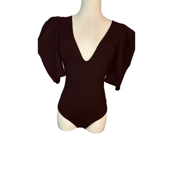 NWOT Free People XS Black Va Va Voop Plunge Neck Puff Sleeve Bodysuit - Picture 5 of 11